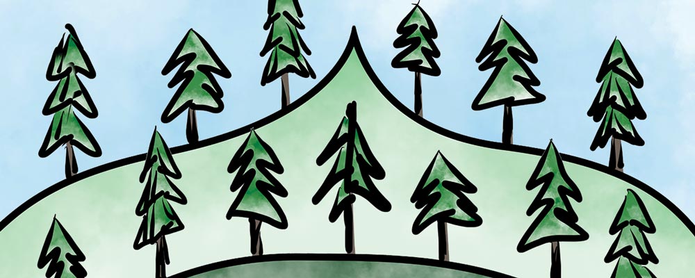 Photo of illustrated trees on a mountain against a blue sky