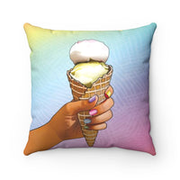 Ice Cream throw pillow. Throw pillow with summery design of a hand holding an ice cream cone.