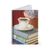 Gift for bookworms. Spiral notebook with tea themed design. Notebook with books, teacup, and succulent plant.
