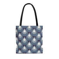 Photo of mid-century modern tote bag that also looks like an art deco tote bag because the pattern is a combination of the two styles