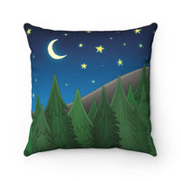 Forest throw pillow. Forest scene with moon, stars, trees, and mountain on a decorative throw pillow.