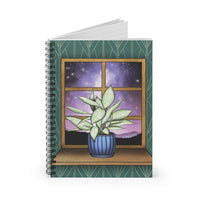 House plant notebook. Spiral notebook featuring a design with a plant overlooking a nebula night sky. Universe notebook.