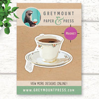 Teacup magnet. Fridge magnet featuring a white china teacup full of tea.