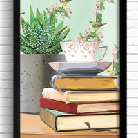 Book stack wall art, book wall art, book themed decor, teacup wall art, book themed art, book themed wall art, book related gifts for book lovers, 5x7 art prints, 11x17 art prints