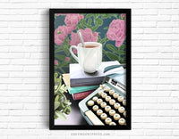 typewriter art print, wall art for writers, tea cup wall art, typewriter wall art, typewriter decor, 5x7 art prints, 11x17 art prints, typewriter gifts, book related gifts, book themed wall art, gifts for book lovers