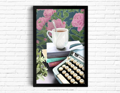 typewriter art print, wall art for writers, tea cup wall art, typewriter wall art, typewriter decor, 5x7 art prints, 11x17 art prints, typewriter gifts, book related gifts, book themed wall art, gifts for book lovers