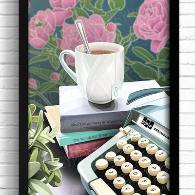 typewriter art print, tea cup wall art, wall art for writers, typewriter wall art, typewriter decor, 5x7 art prints, 11x17 art prints, typewriter gifts, book related gifts, book themed wall art, gifts for book lovers