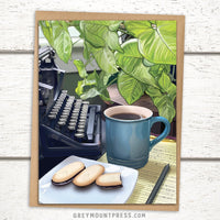 Coffee greeting card. Typewriter greeting card.