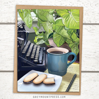 Coffee greeting card. Typewriter greeting card.