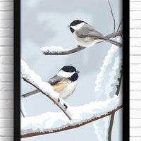 Black capped chickadee art print wall decor. Bird artwork for kitchen and bathroom.