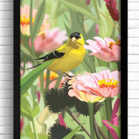 Goldfinch art print wall decor. Bird artwork for kitchen and bathroom.
