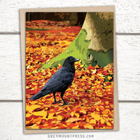 Crow greeting card. Autumn greeting card featuring a crow standing in autumn leaves in a forest.