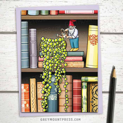 Bookshelf Gnome Greeting Card, Blank greeting card, Magical card, whimsical greeting card, book greeting card, greeting card book, birthday cards for book lovers, book birthday card, gnome birthday card, gnome card