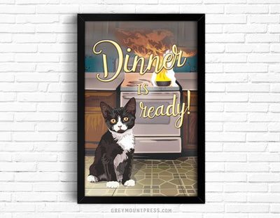 Funny cat art print, dinner is ready, funny cat wall art