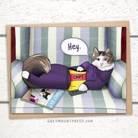 cat card, funny cards for friends, Funny cat card, Greeting card with cat and remote, cards for cat lovers, cat cards