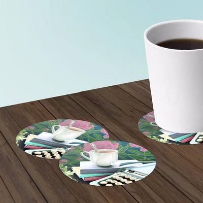 Teacup and typewriter coaster set of paper bar coasters.
