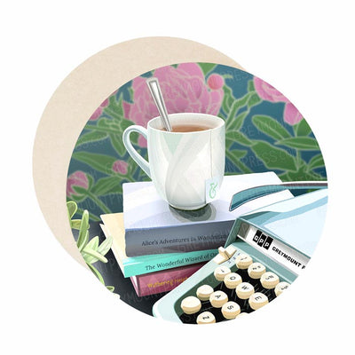 Teacup and typewriter coaster set of paper bar coasters.