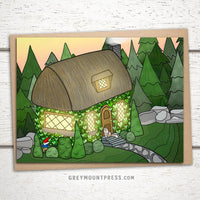 Cottage cards, gnome greeting cards, gnome birthday card, cat card, Blank Greeting cards featuring a cosy cottage with a cat sitting on the front steps watching a gnome run through the garden, just because cards, just because greeting cards, just because card, funny greeting cards