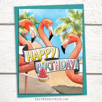 happy birthday cards, Flamingo birthday card for friends, Happy birthday card featuring three flamingos holding a cupcake on the beach with the words happy birthday, funny birthday cards for friends, beach birthday cards, flamingo birthday cards