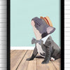 French Bulldog wall art. Poster of a Frenchie singing in a barbershop hat.