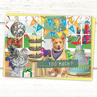 happy birthday cards, Funny birthday cards for dog lovers, funny birthday cards for friends, funny dog birthday cards for dog lovers, funny dog birthday card, funny happy birthday cards, birthday card showing a dog throwing a huge party