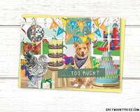 Funny birthday cards for dog lovers, funny birthday cards for friends, funny dog birthday cards for dog lovers, funny dog birthday card, funny happy birthday cards, birthday card showing a dog throwing a huge party