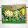 Cottage cards, gnome greeting cards, gnome birthday card, cat card, Blank Greeting cards featuring a cosy cottage with a cat sitting on the front steps watching a gnome run through the garden, just because cards, just because greeting cards, just because card, funny greeting cards