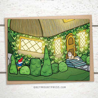 Cottage cards, gnome greeting cards, gnome birthday card, cat card, Blank Greeting cards featuring a cosy cottage with a cat sitting on the front steps watching a gnome run through the garden, just because cards, just because greeting cards, just because card, funny greeting cards