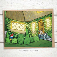 Cottage cards, gnome greeting cards, gnome birthday card, cat card, Blank Greeting cards featuring a cosy cottage with a cat sitting on the front steps watching a gnome run through the garden, just because cards, just because greeting cards, just because card, funny greeting cards