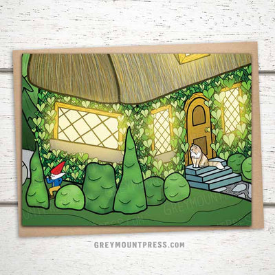 Cottage cards, gnome greeting cards, gnome birthday card, cat card, Blank Greeting cards featuring a cosy cottage with a cat sitting on the front steps watching a gnome run through the garden, just because cards, just because greeting cards, just because card, funny greeting cards