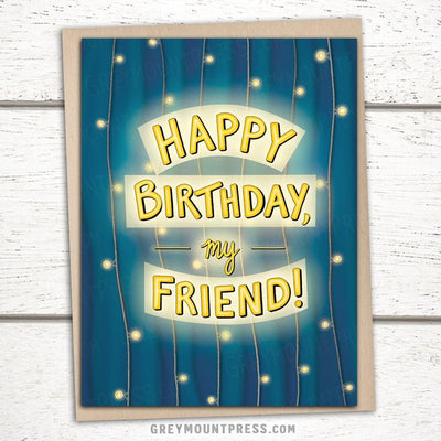 happy birthday cards, birthday Greeting card with words Happy Birthday My Friend set against a blue background with twinkle lights, happy birthday card for friends
