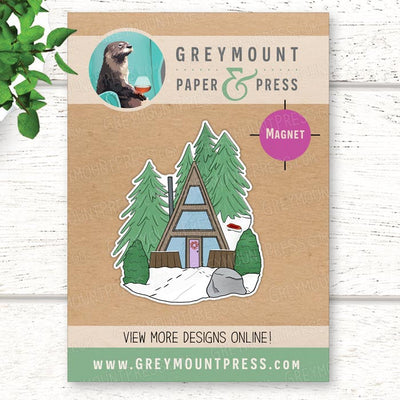 Cozy Cabin fridge magnet. Refrigerator magnet with snow winter scene. Hygge magnet for fridge.