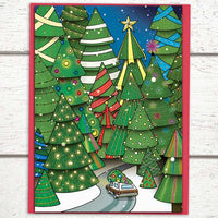 winter holiday cards, Photo shows a Whimsical Holiday card with a wood paneled station wagon driving a fully decorated tree through a forest of lit trees, forest christmas cards