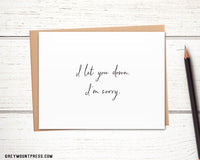 I let you down card for saying sorry