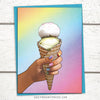 summer greeting cards, just because cards for friends, Greeting card featuring a hand holding an ice cream cone against a rainbow background, ice cream greeting cards, ice cream birthday card, rainbow cards, pride cards