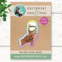 Ice cream sticker. Vinyl sticker of a hand holding an ice cream cone against a rainbow background.