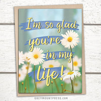 Daisy card featuring hand-sketched daisies and wording "I'm so glad you're in my life" with a royal blue background, Appreciation card for friend with flowers, daisy Anniversary card, sweet anniversary card
