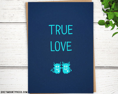 Monsters in love "True Love" card, lgbtq anniversary cards