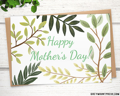 happy mothers day card with leaves and branches
