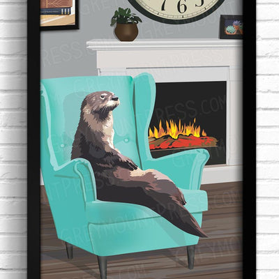 Funny otter print, otter wall art, Otter artwork, Wall art decor of an otter sitting in an armchair in front of the fireplace.