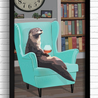Funny Otter print, otter art print, Otter wall art print, Funny poster of an otter sitting in an armchair holding a snifter.