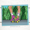 Roller skating greeting card. Greeting card with an illustration of legs wearing a pair of roller skates against a colorful mural