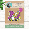 Roller skate magnet. Fridge magnet showing a purple pair of roller skates with yellow wheels.
