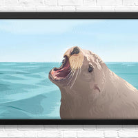 Sea lion art print wall decor. Artwork featuring a sea lion against an ocean background.