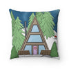 Hygge throw pillow with an a-frame cabin scene. winter themed throw pillow