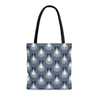 Photo of mid-century modern tote bag that also looks like an art deco tote bag because the fish scale pattern is a combination of the two styles