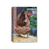 Spiralbound notebook with chicken illustration on front cover.